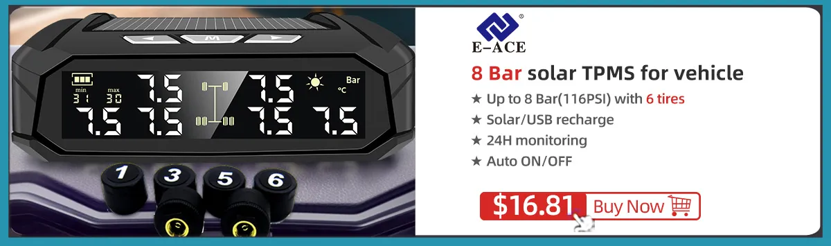 E-ACE Solar Power TPMS Car Tire Pressure Alarm Monitor System Auto Security Alarm Systems Tyre Pressure Temperature Warning