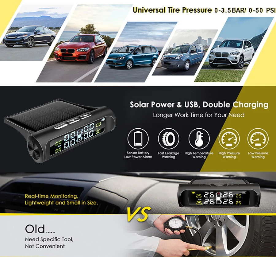 E-ACE Solar Power TPMS Car Tire Pressure Alarm Monitor System Auto Security Alarm Systems Tyre Pressure Temperature Warning