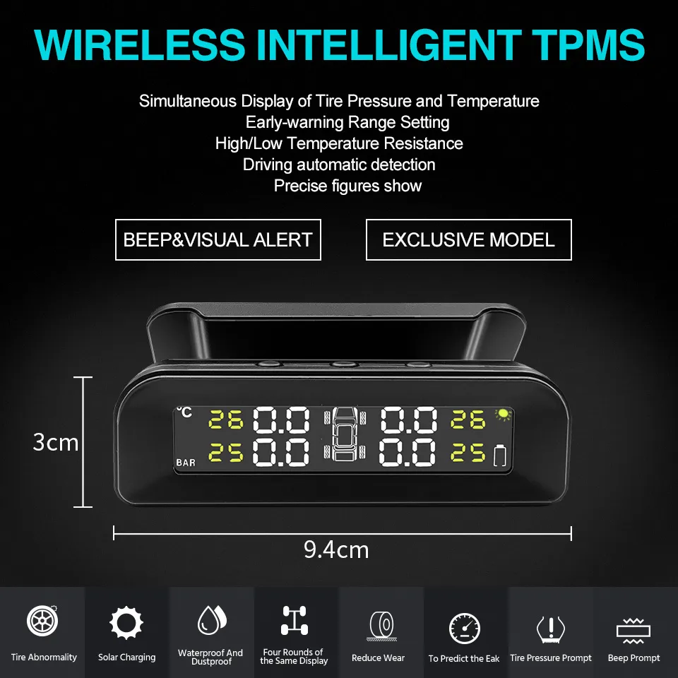 Acceo Smart TPMS Car Tire Pressure Alarm Monitor System 4 Sensors  Display Solar Intelligent Tyre Pressure Temperature Warning