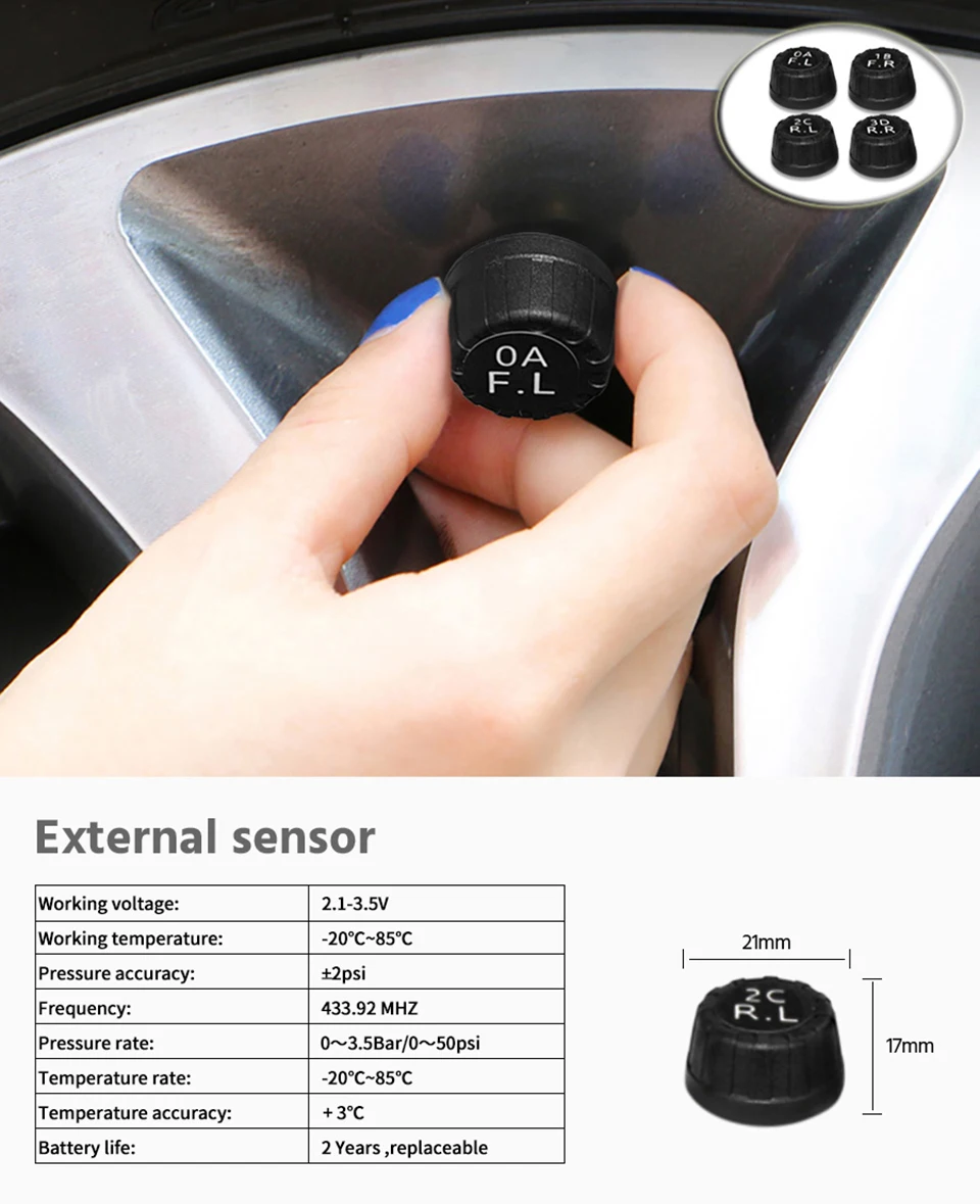 Acceo Smart TPMS Car Tire Pressure Alarm Monitor System 4 Sensors  Display Solar Intelligent Tyre Pressure Temperature Warning