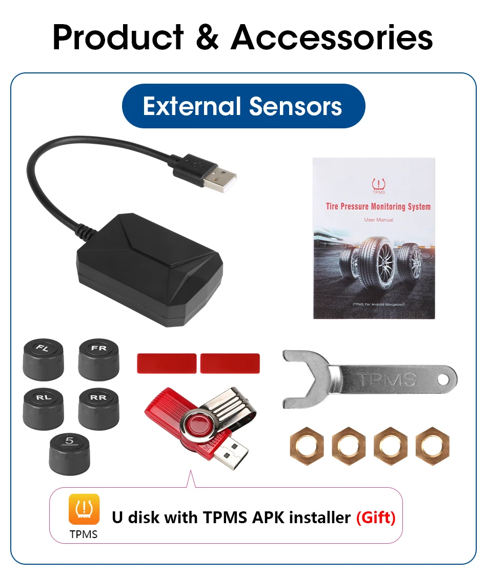 USB Android TPMS Tire Pressure Monitoring System Display Alarm System  Internal Sensors For Car Navigation Car Radio 4-5 Sensors