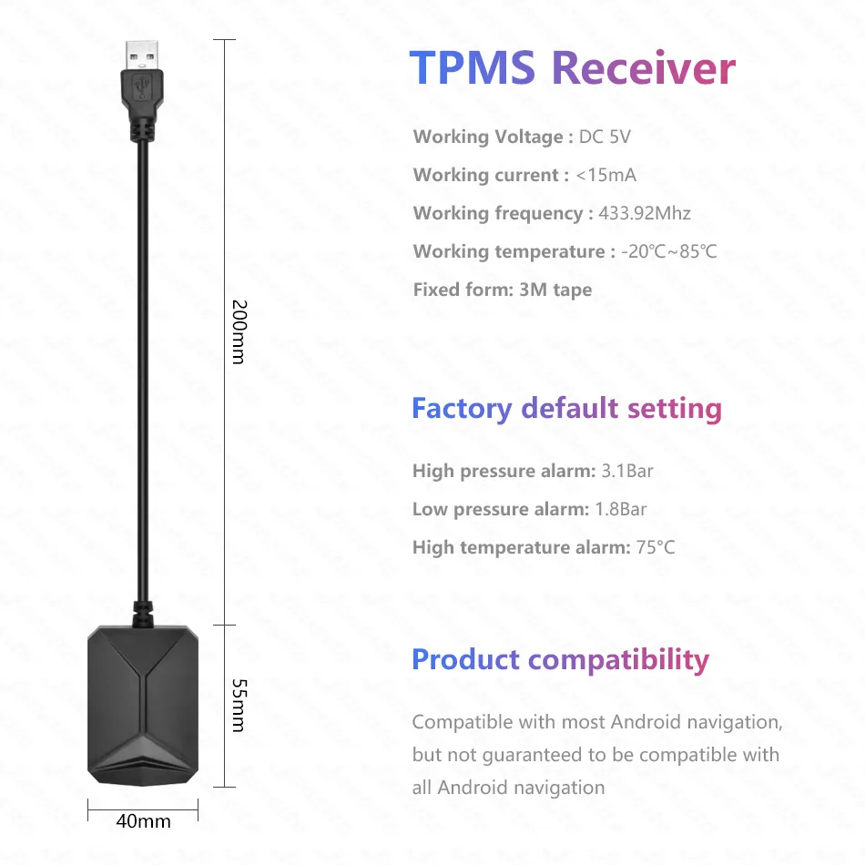 USB Android TPMS Tire Pressure Monitoring System Display Alarm System  Internal Sensors For Car Navigation Car Radio 4-5 Sensors