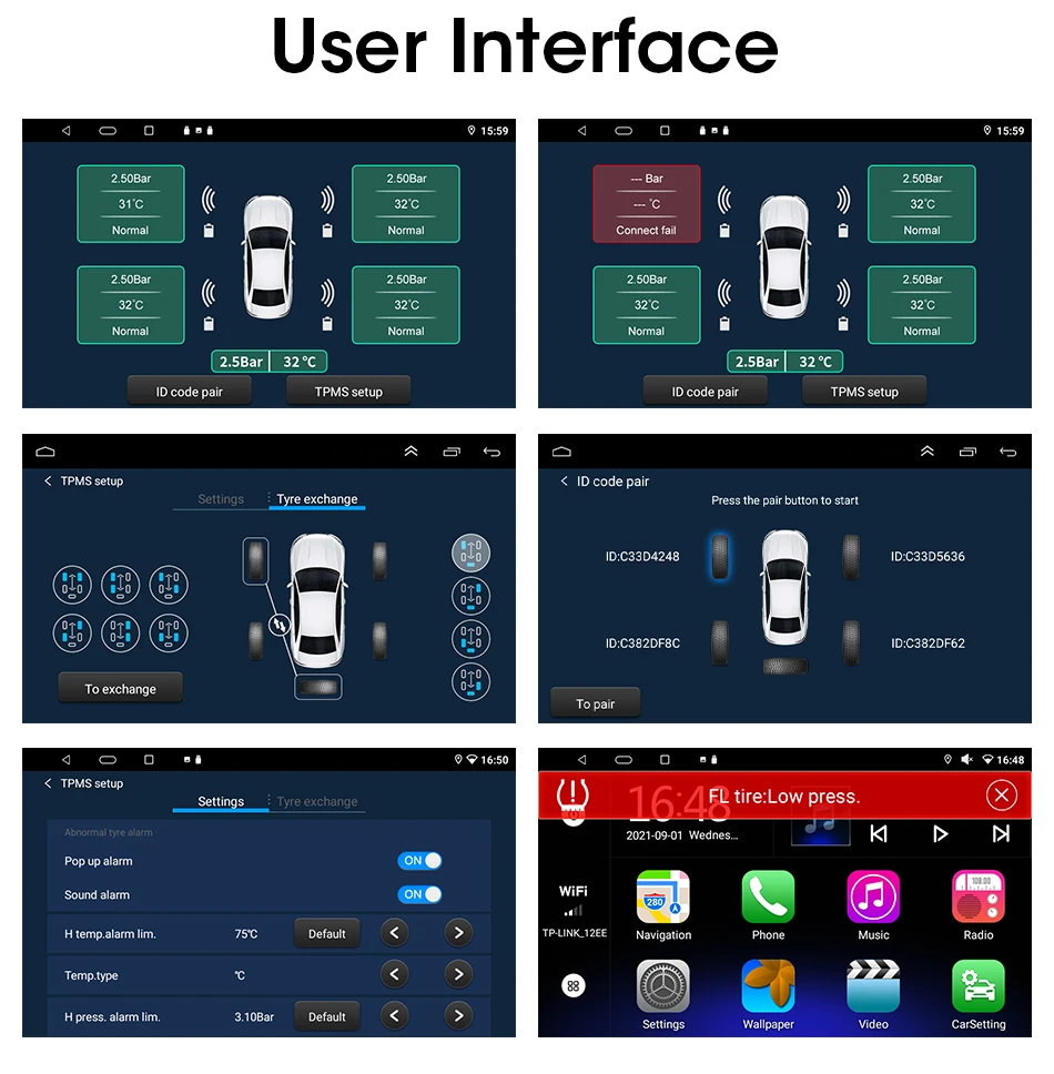 USB Android TPMS Tire Pressure Monitoring System Display Alarm System  Internal Sensors For Car Navigation Car Radio 4-5 Sensors