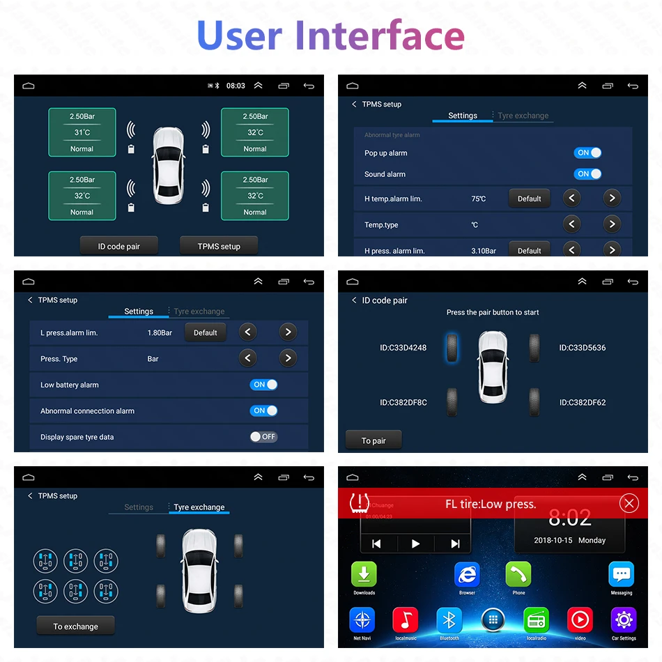 USB Android TPMS Tire Pressure Monitoring System Display Alarm System  Internal Sensors For Car Navigation Car Radio 4-5 Sensors