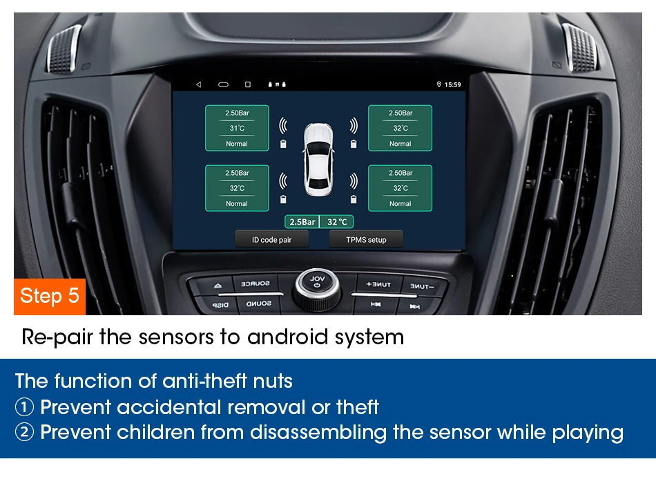 USB Android TPMS Tire Pressure Monitoring System Display Alarm System  Internal Sensors For Car Navigation Car Radio 4-5 Sensors