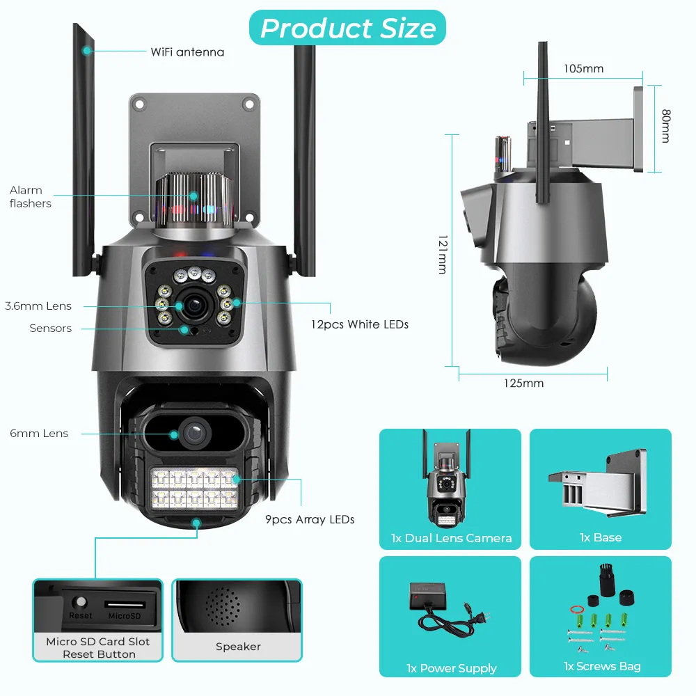 8MP 4K Wifi Camera Dual Lens Ai Auto Tracking Waterproof Security CCTV Video Surveillance Camera Police Light Alarm IP Camera