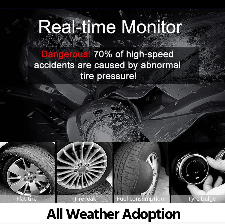 E-ACE Electronic Clock Car TPMS 4 Wheel Tyre Pressure Monitoring System Solar Power USB Charge TPMS  Auto Security Alarm Device