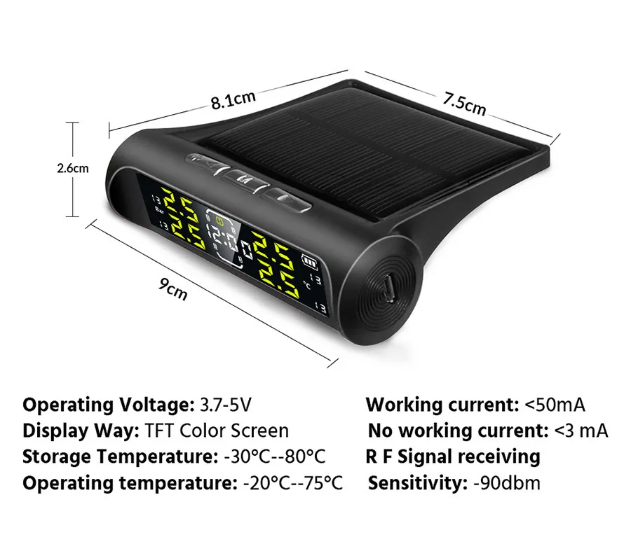 E-ACE Electronic Clock Car TPMS 4 Wheel Tyre Pressure Monitoring System Solar Power USB Charge TPMS  Auto Security Alarm Device