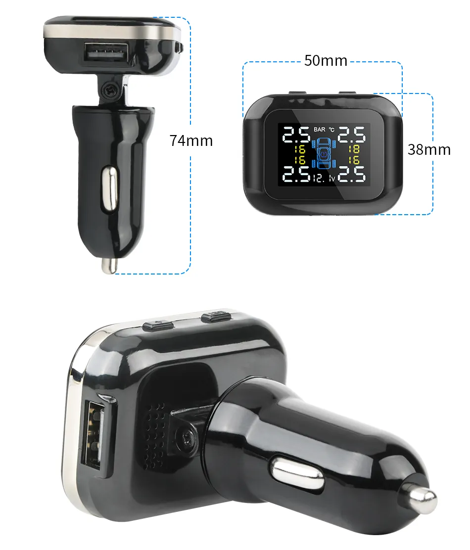 Car TPMS Cigarette Lighter Wireless Universal TPMS USB Digital tpms Tire Pressure Alarm System 4 External Internal Sensor