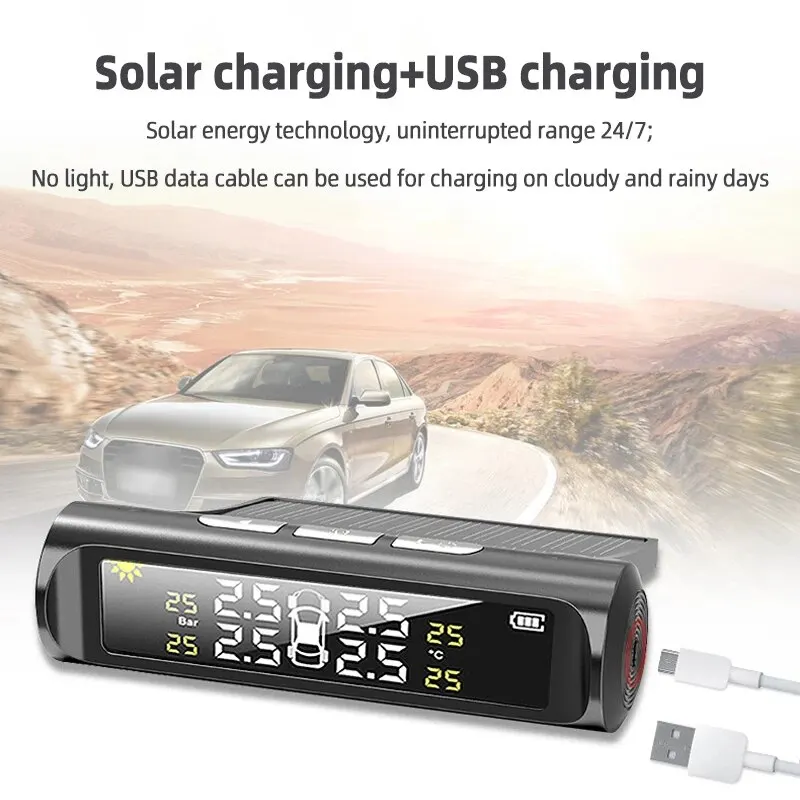 1PC Car Tire Pressure Monitor Intelligent Real Time Monitoring External Wireless Solar Tire Pressure Detection Monitor