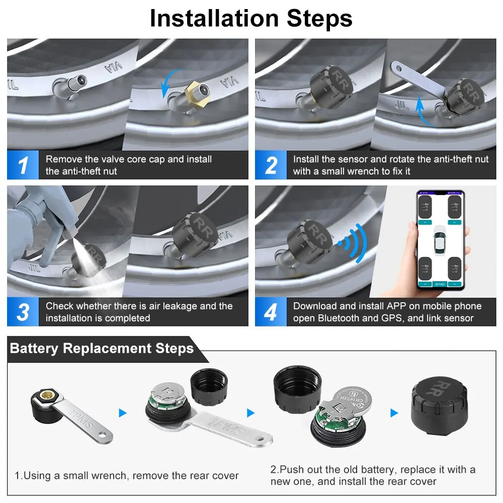Car TPMS Tire Pressure Monitoring System Bluetooth 5.0 Mobile Phone Display Motorcycle Car Tyre Pressure Sensor for LOS Android