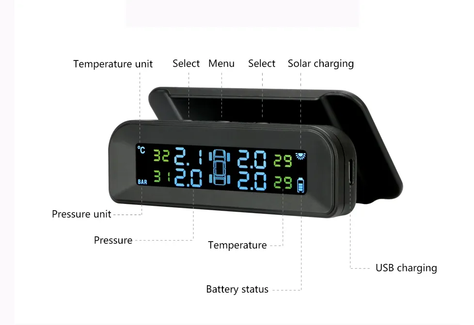 Smart car TPMS tire pressure monitoring system solar digital clock LCD display car tire pressure temperature safety alarm system