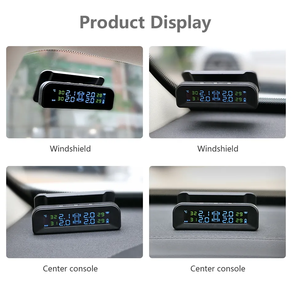 Smart car TPMS tire pressure monitoring system solar digital clock LCD display car tire pressure temperature safety alarm system