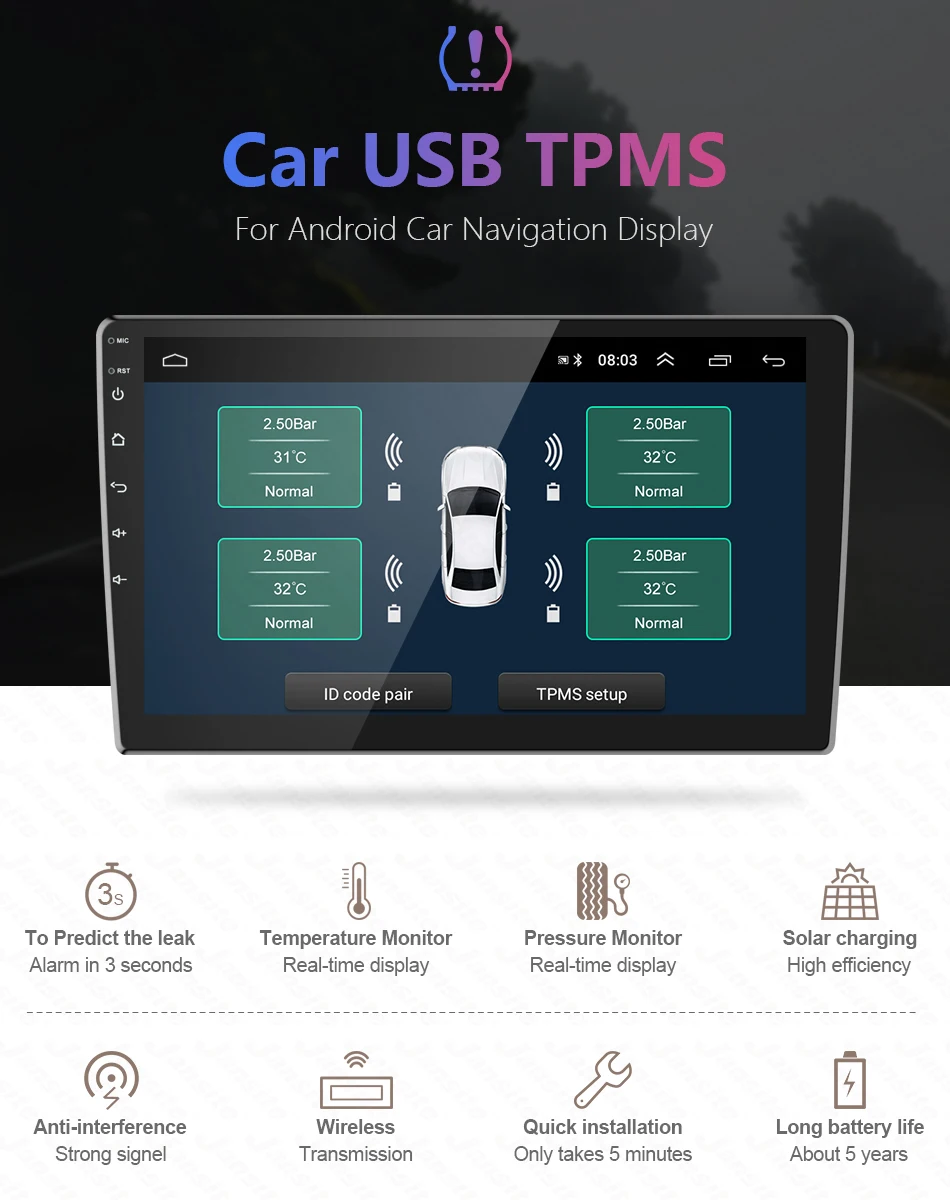 JMCQ USB Car Tire Pressure Alarm Monitor System TPMS for Car Android Navigation Player with 4 Sensors 5V Wireless Transmission