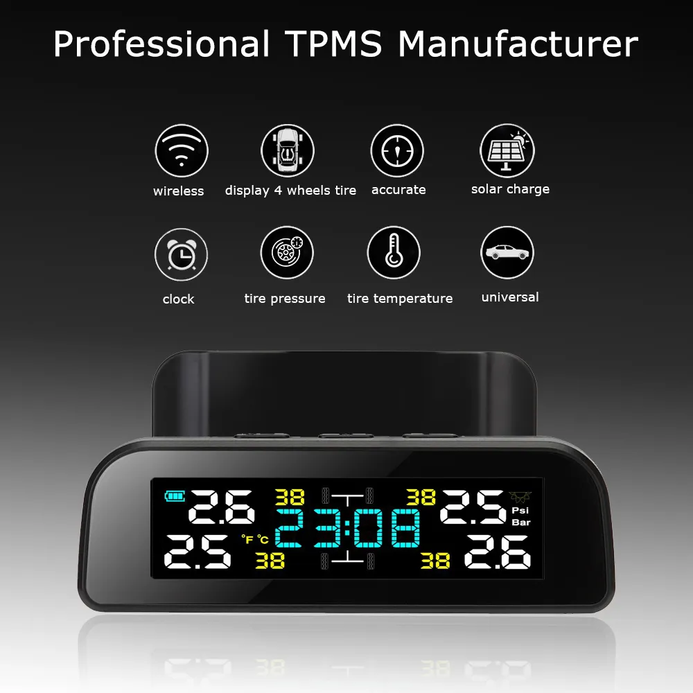 Universal Solar Power TPMS Car Tire Pressure Monitoring System Clock LCD Display TPMS Sensor Auto Security Alarm Systems