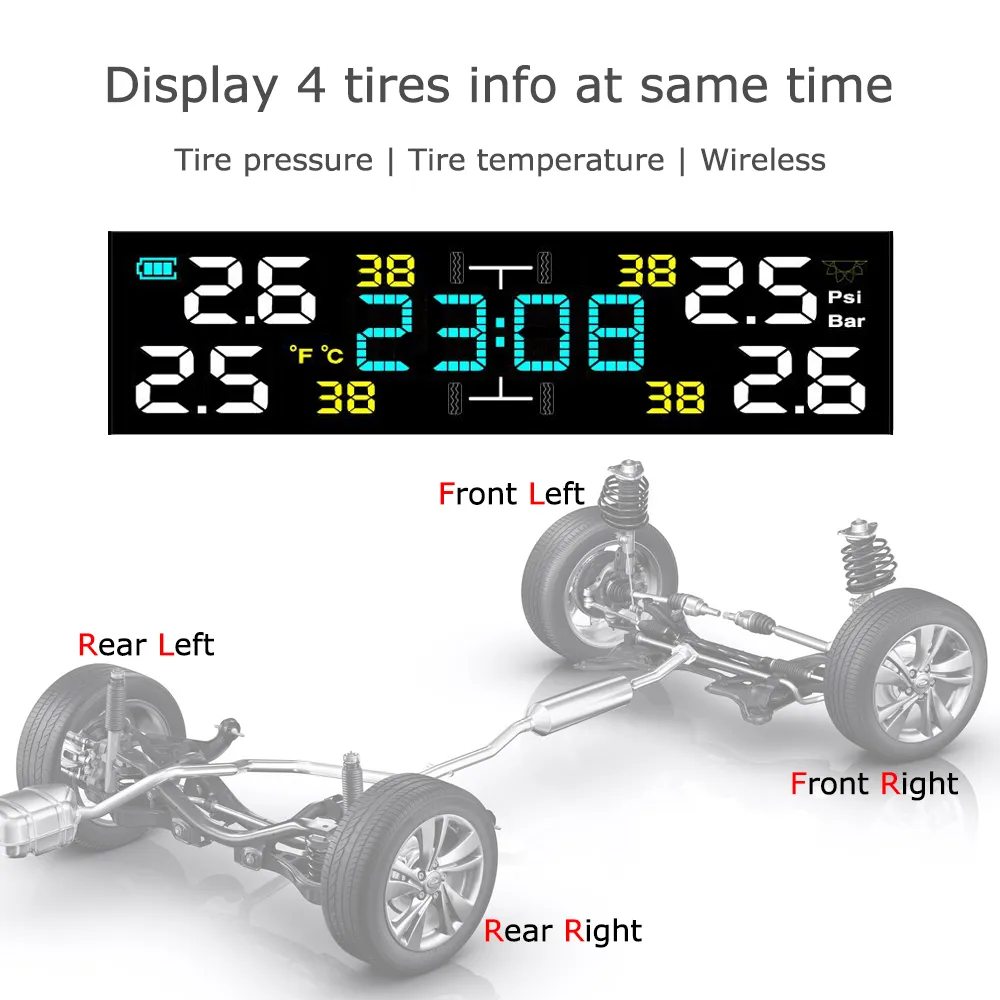 Universal Solar Power TPMS Car Tire Pressure Monitoring System Clock LCD Display TPMS Sensor Auto Security Alarm Systems