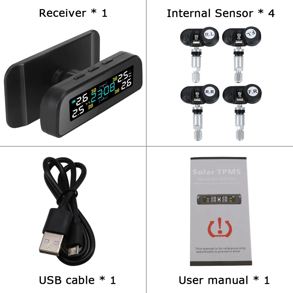 Universal Solar Power TPMS Car Tire Pressure Monitoring System Clock LCD Display TPMS Sensor Auto Security Alarm Systems