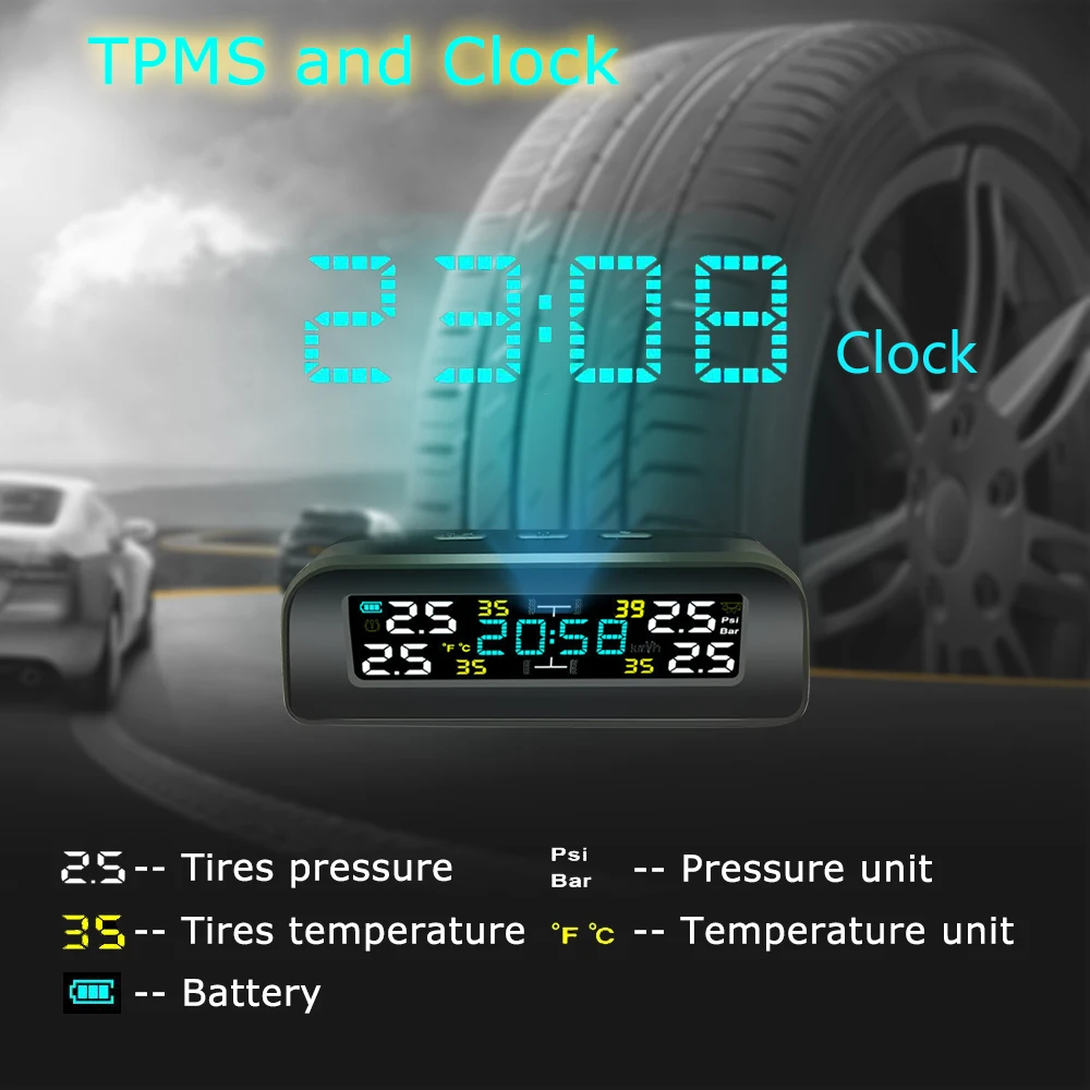 Universal Solar Power TPMS Car Tire Pressure Monitoring System Clock LCD Display TPMS Sensor Auto Security Alarm Systems