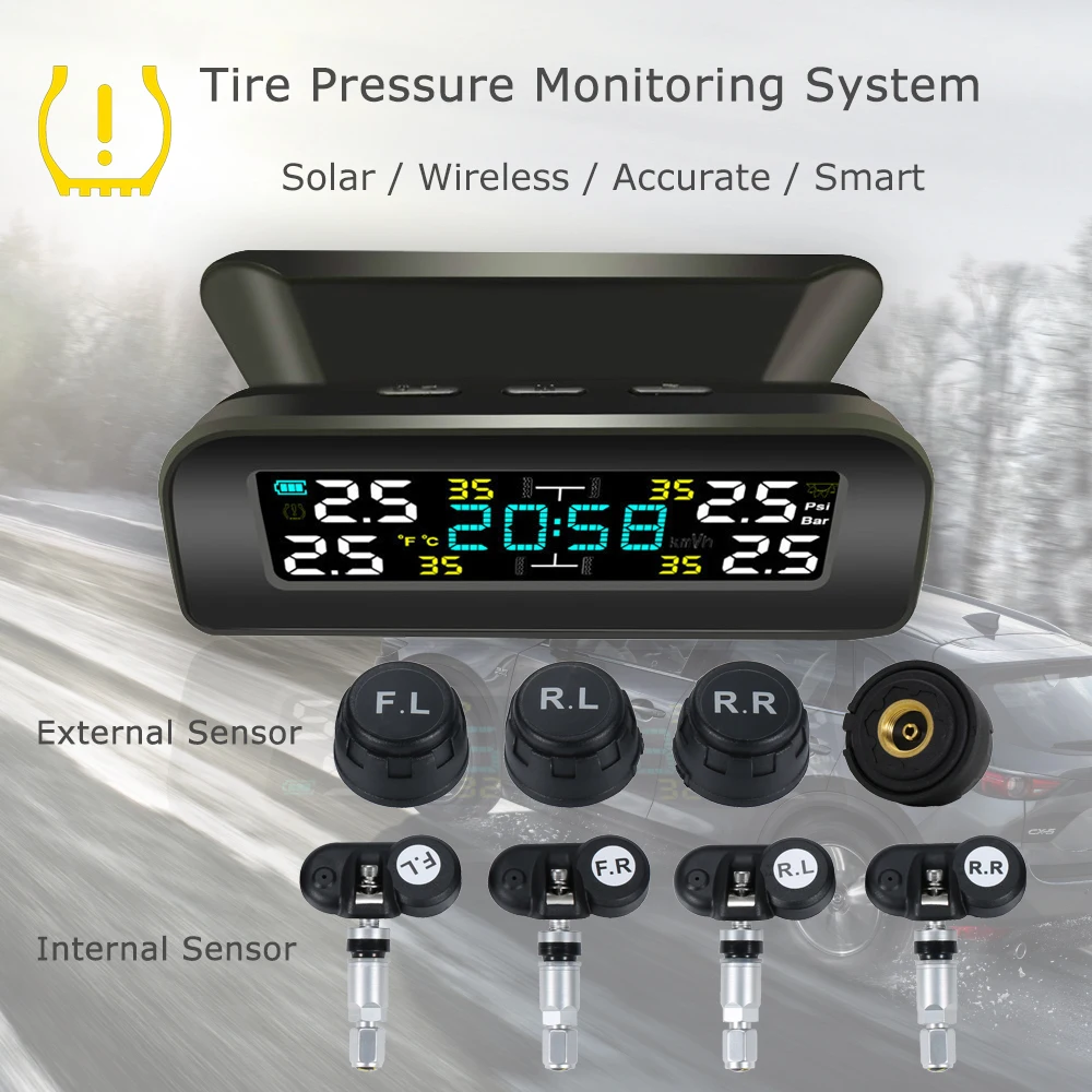 Universal Solar Power TPMS Car Tire Pressure Monitoring System Clock LCD Display TPMS Sensor Auto Security Alarm Systems