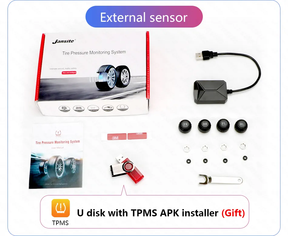 JMCQ USB TPMS Car Tire Pressure Alarm Monitor System For vehicle Android player Temperature Warning with four sensors