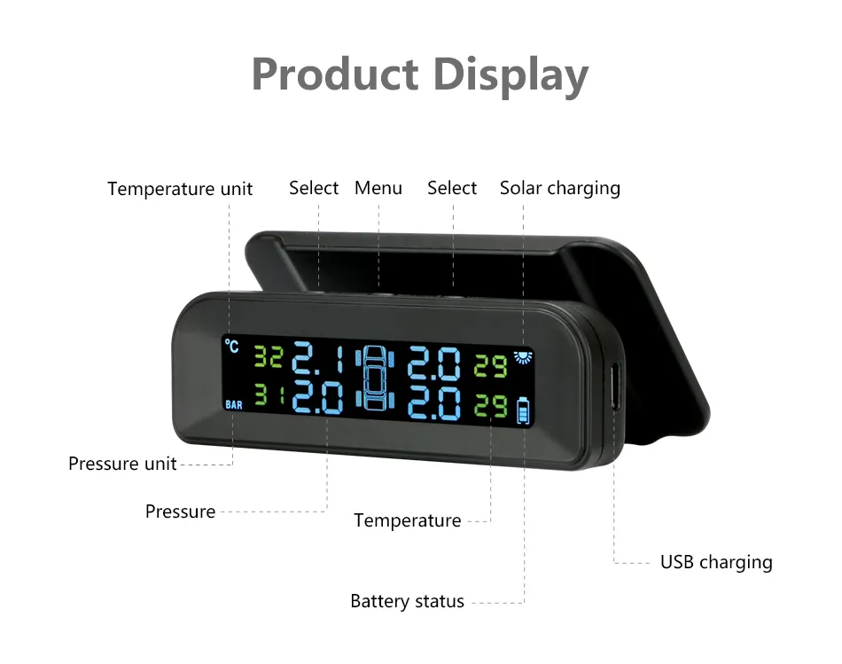 Jansite TPMS Car Tire Pressure Alarm Monitor System Real-time Display Attached to glass wireless Solar power tpms with 4 sensors