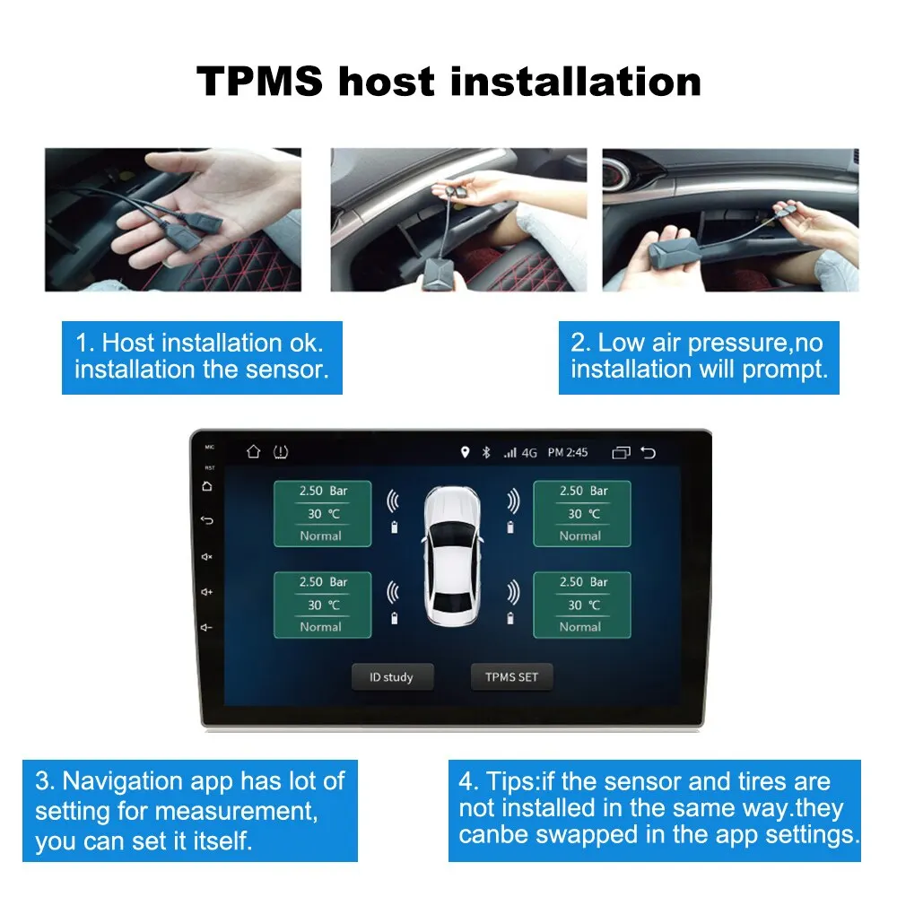 Android Navigation TPMS With 4 Sensors Alarm System USB Android Car TPMS Wireless Transmission Tire Pressure Monitoring System