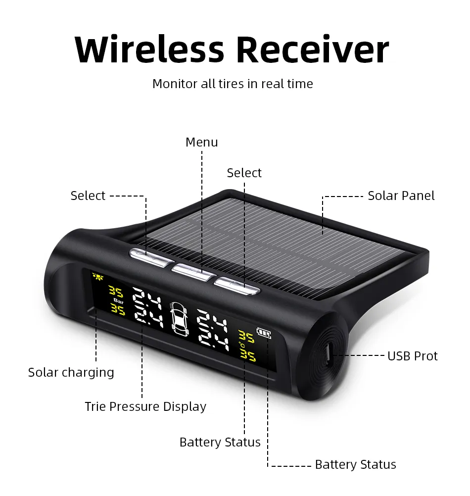 Jansite Smart Car TPMS Tyre Pressure Monitoring System Solar Power Digital LCD Display Auto Security Alarm Systems Tyre Pressure