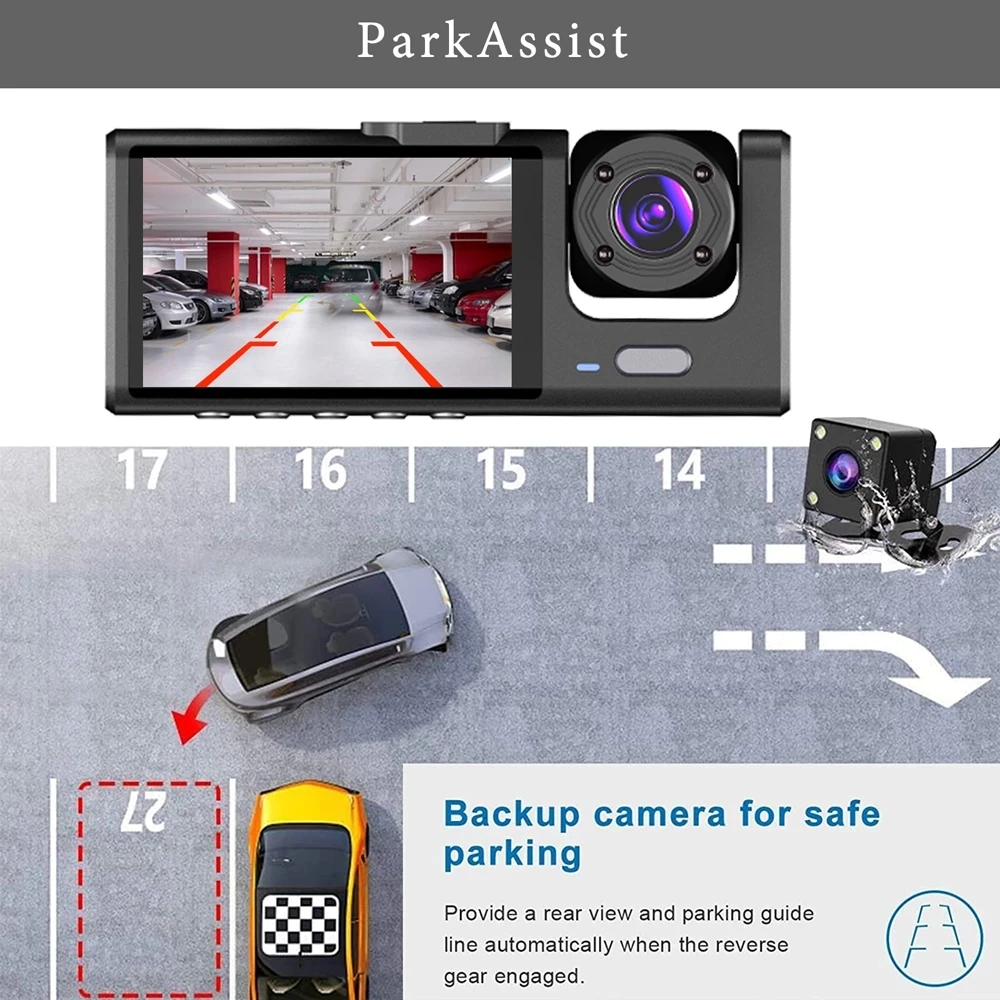 3 Channel Dash Cam Video Recorder Three Lens Car Camera with Rear View DVR 24H Parking Monitor Black Box