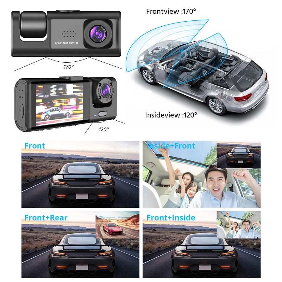 3 Channel Dash Cam Video Recorder Three Lens Car Camera with Rear View DVR 24H Parking Monitor Black Box