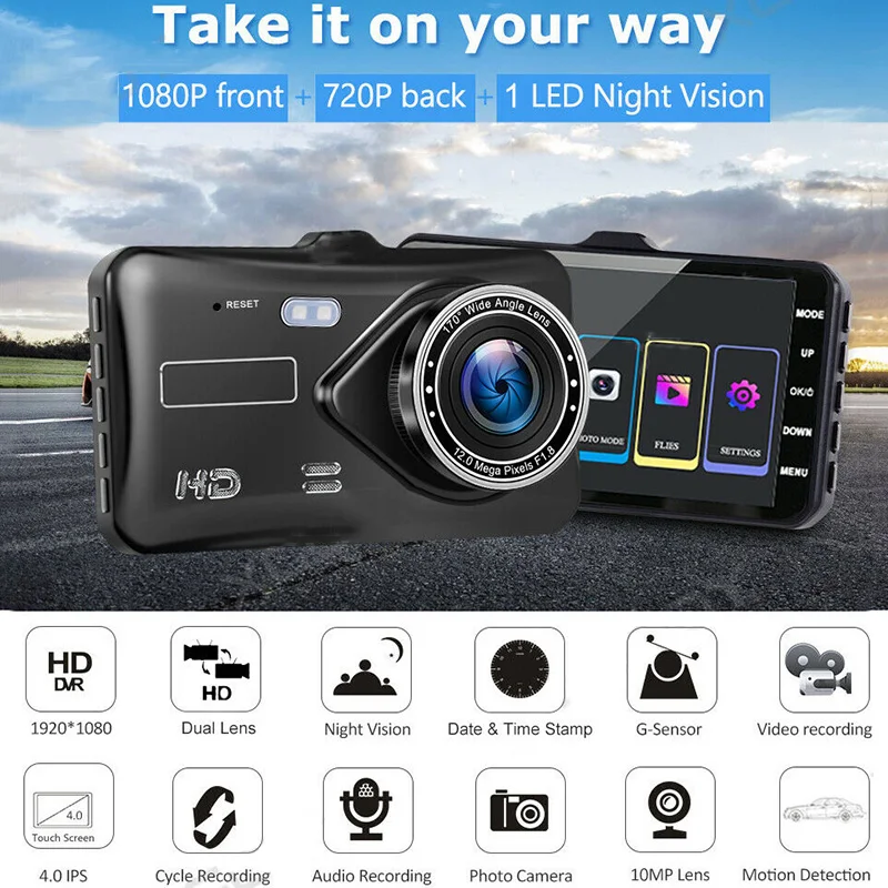 Dash Cam Front and Rear Camera CAR DVR Car Video Recorder Vehicle Black Box FULL HD 1080P Night Vision Driver Recorder