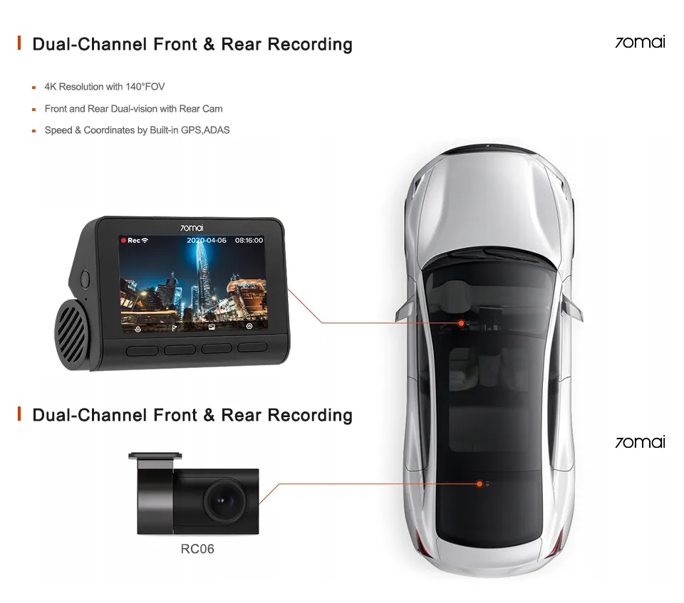 70mai 4K Dash Cam A800S Built-in GPS ADAS 140°FOV 70mai Camera Car DVR 24H Parking Monitor Front Cam Only, Support Rear Cam