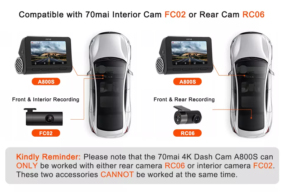 70mai 4K Dash Cam A800S Built-in GPS ADAS 140°FOV 70mai Camera Car DVR 24H Parking Monitor Front Cam Only, Support Rear Cam