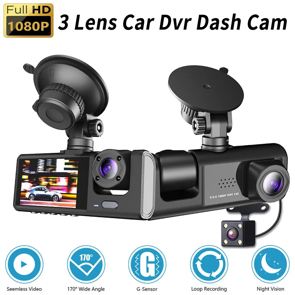 3 Channel Car DVR HD 1080P 3-Lens Inside Vehicle Dash CamThree Way Camera DVRs Recorder Video Registrator Dashcam Camcorder