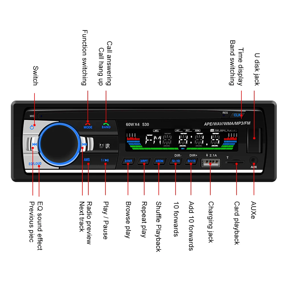 AMPrime Bluetooth Autoradio Car Stereo Radio FM Aux Input Receiver SD USB 12V In-dash 1 din Car MP3 Multimedia Player BT Music