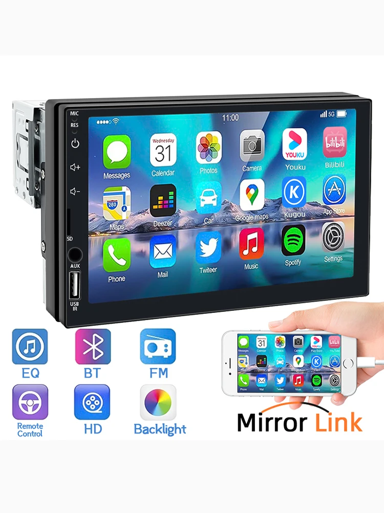 7 Inch 1 Din Car Radio MP5 Multimedia Player Touch Screen FM ISO Power Aux Input Bluetooth USB Mirror Link Universal Autoradio