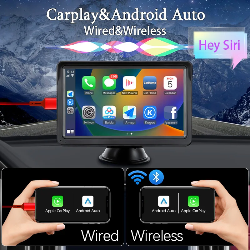 Hippcron 7inch Car Radio Multimedia Video Player Wireless Carplay And Wireless Android Auto Touch Screen With AUX USB