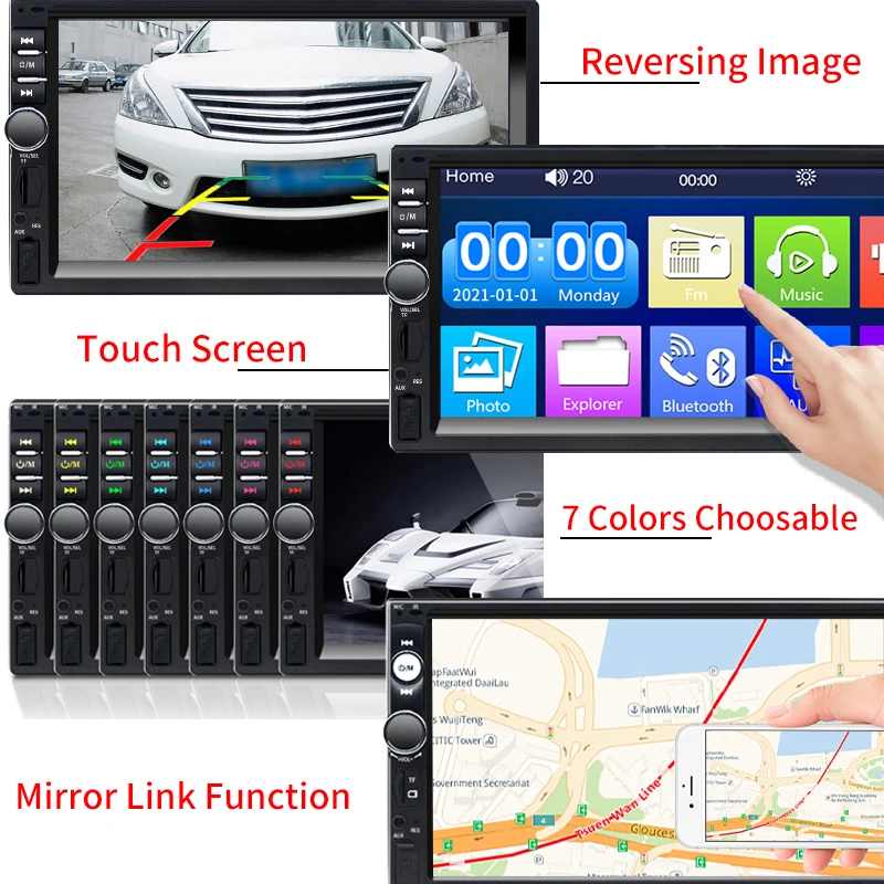 7 Inch 1 Din Car Radio MP5 Multimedia Player Touch Screen FM ISO Power Aux Input Bluetooth USB Mirror Link Universal Autoradio