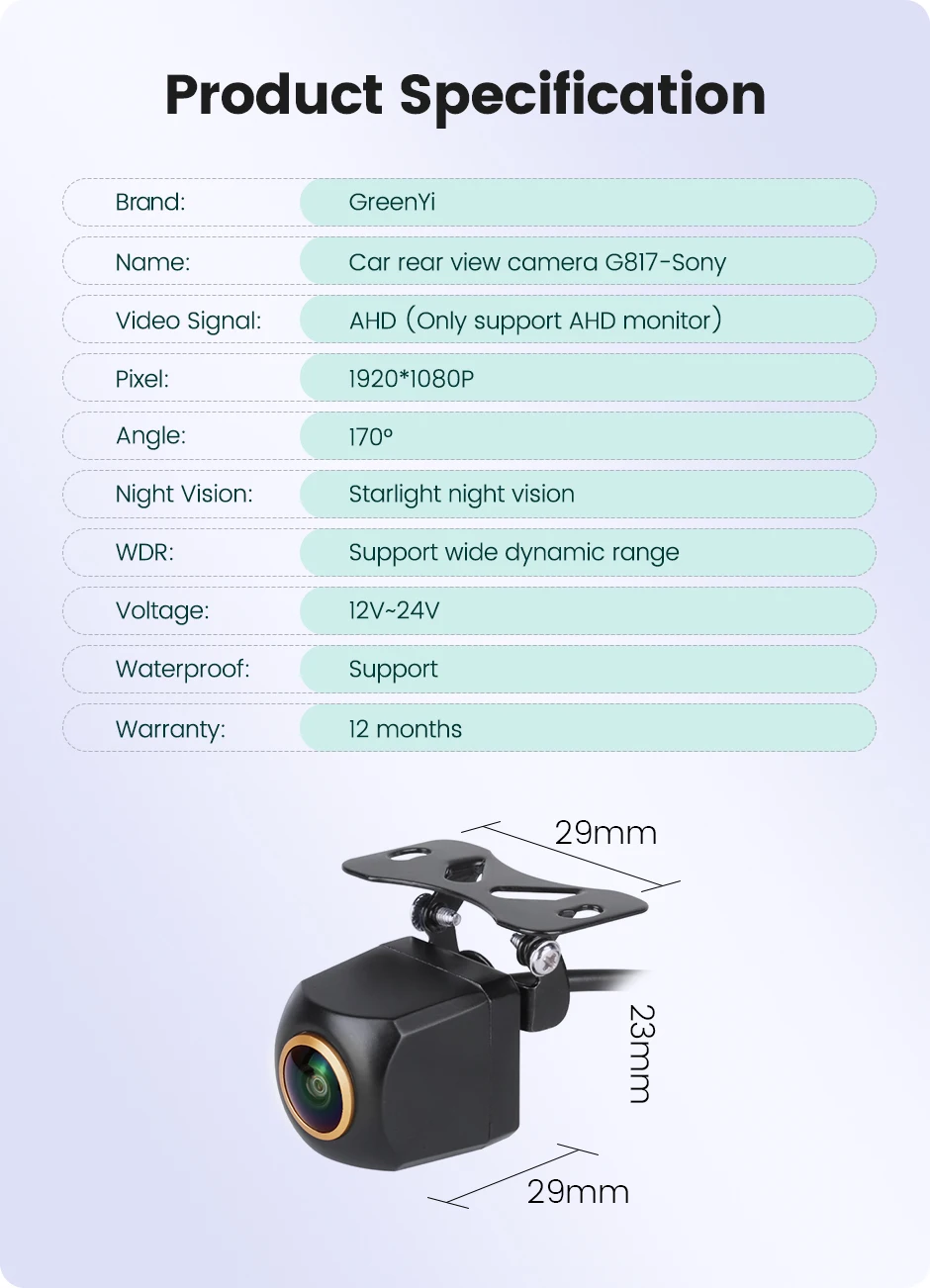 GreenYi AHD 1920x1080P Car Rear View Camera 170° Golden Fisheye Lens Full HD Night Vision Vehicle Reversing Cameras IMX307 G817