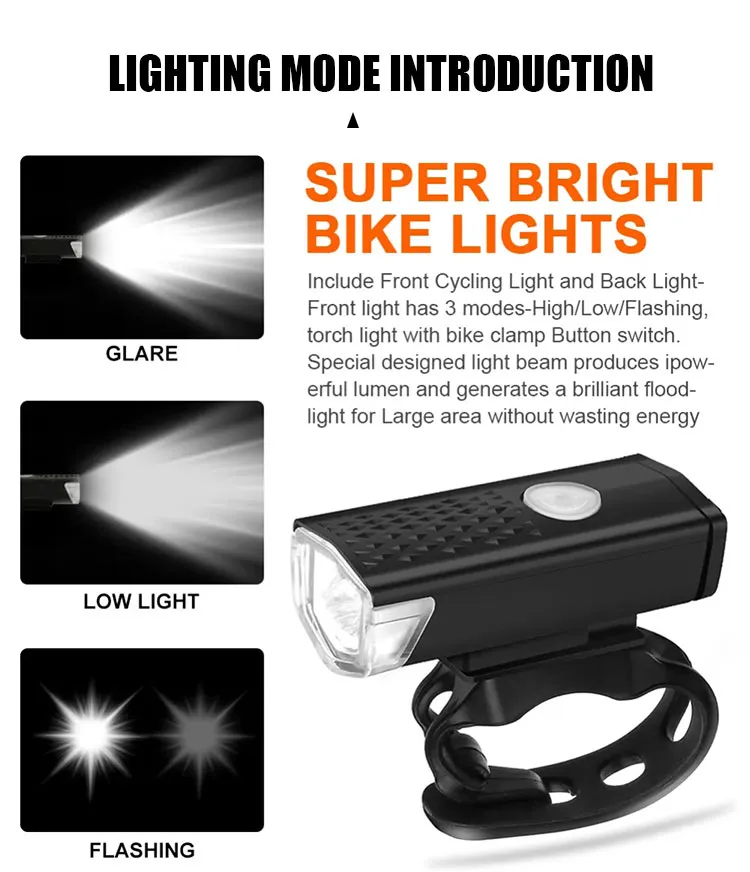 USB Rechargeable Bike Light Set Front Light with Taillight Easy to Install 3 Modes Bicycle Accessories for the Bicycle